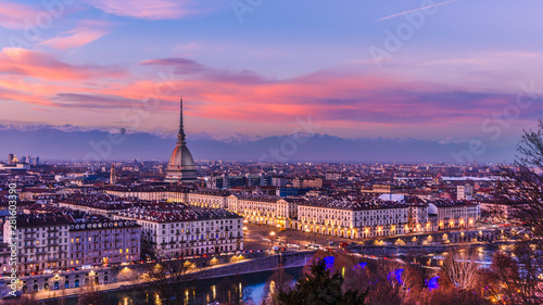 Landscape of Turin  from Monte dei Cappuccini at sunset  Italy.