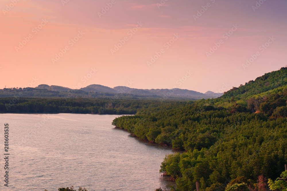 beautiful scenery of landscape in sunset there is river and mountain,Thailand,Phang nga,Koh yao yai