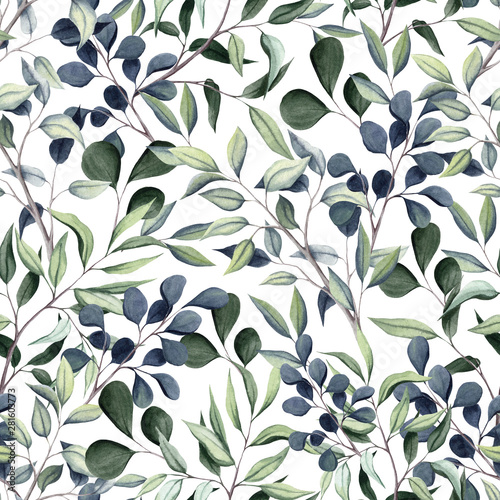 Seamless Pattern of Watercolor Blue and Green Leaves