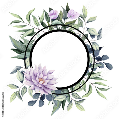 Frame with Watercolor Foliage and Dahlia Flower