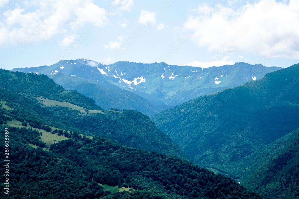 mountain landscape, mountains, green trees, valley, glaciers. Arkhyz, Karachay-Cherkessia, Russia