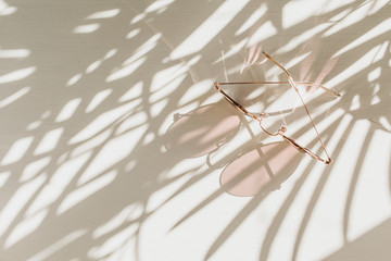 Pink women's sunglasses on white table with floral shadow. Fashion trendy french style lifestyle blog background.