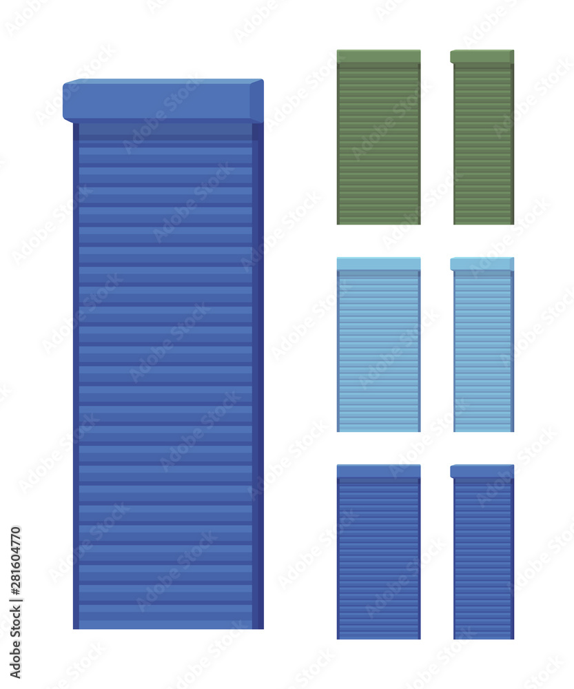 Security metal shutter set for home. House privacy and personal confidence, cottage solar roller shades. Vector flat style cartoon illustration isolated on white background, different views and colors Security metal shutter set for home. House privacy and personal confidence, cottage solar roller shades. Vector flat style cartoon illustration isolated on white background, different views and colors