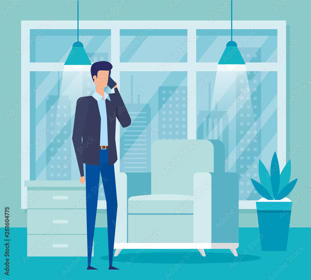 Obraz premium businessman worker calling with smartphone in the livingroom