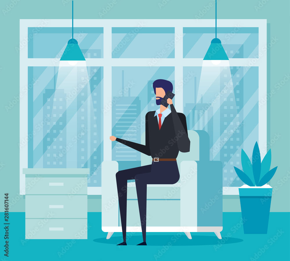 Obraz premium businessman worker calling with smartphone in the livingroom