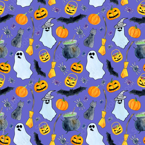 Fototapeta Naklejka Na Ścianę i Meble -  Watercolor Halloween seamless pattern. Hand painted autumn holiday symbols on purple background. Pumpkin, witch hat, spider, ghost, cauldron, bats. Design for party invitations, banners, wrapping