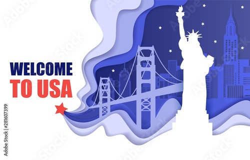 Welcome to USA poster, vector paper cut illustration