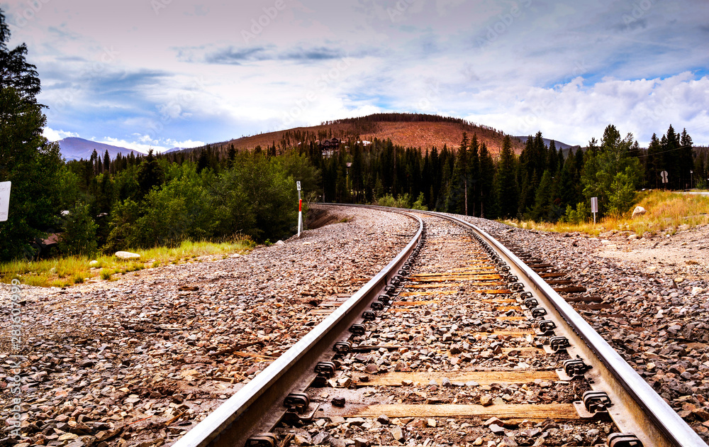 Obraz premium Mountain railway tracks from low angle. Train tracks are curving into the forest