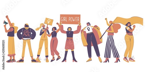 Protesting young women, vector flat isolated illustration