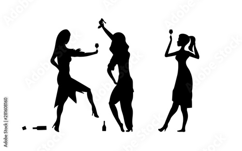 Three Girls, womens. Ladys drinking. Drunk people, drunk party event, vector silhouettes. Bachelor holiday, illustration on white background. Stag party.