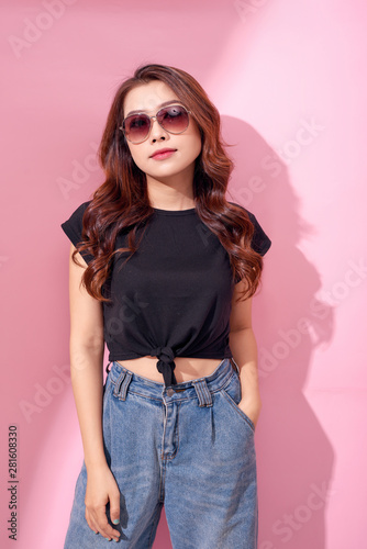stylish lady in casual summer clothes and glasses.