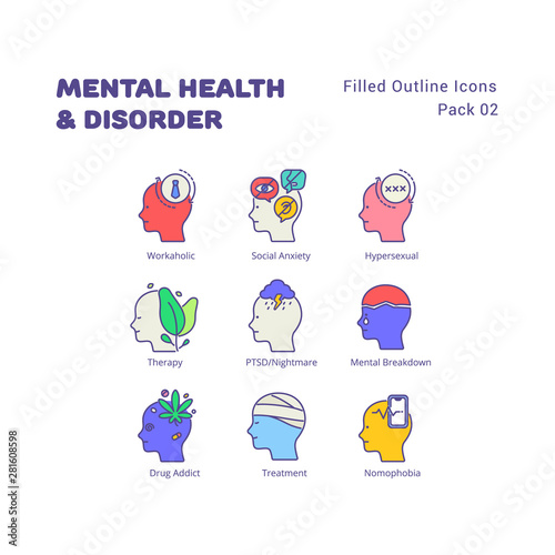 Mental Health and Disorder filled outline icons set