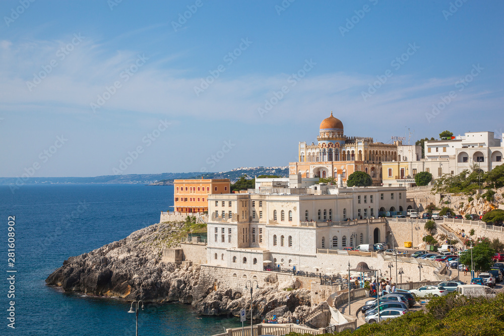 Santa cesarea terme in the province of Lecce in Salento, Puglia - Italy, with a view of the sea and the famous Palazzo Sticchi
