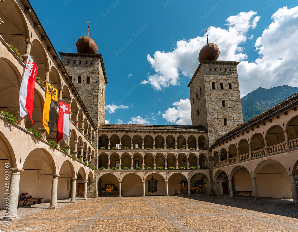 Brig, Switzerland - 07/14/2019: View to the Stockalper palace building in Brig (Brig-Glis), Switzerland. Stockalper palace is declared Swiss Cultural Property of National Significance