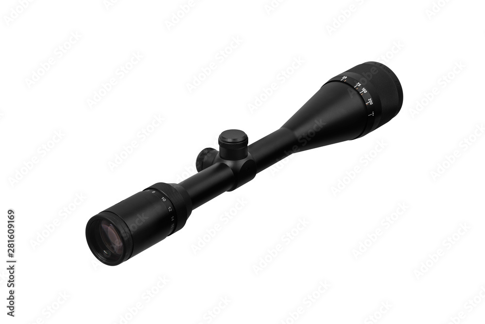 modern black optical scope for weapon isolated on whited. sight scope isolated on white back. modern black optical scope for weapon isolated on whited. sight scope isolated on white back.
