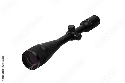 modern black optical scope for weapon isolated on whited. sight scope isolated on white back.