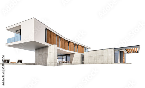 3d rendering of modern cozy house on the hill with garage and pool for sale or rent. Isolated on white