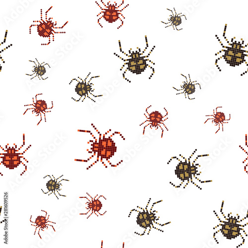 Pixel seamless pattern with 8 bit spider. Vector Illustration. © StepV