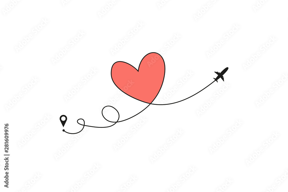 Plane and its track in the shape of a heart on white background. Vector illustration. Aircraft flight path and its route