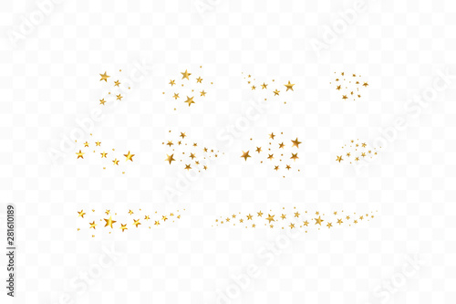 Set of golden falling stars. Cloud of golden stars isolated on transparent background. Vector illustration. Meteoroid, comet, asteroid, stars