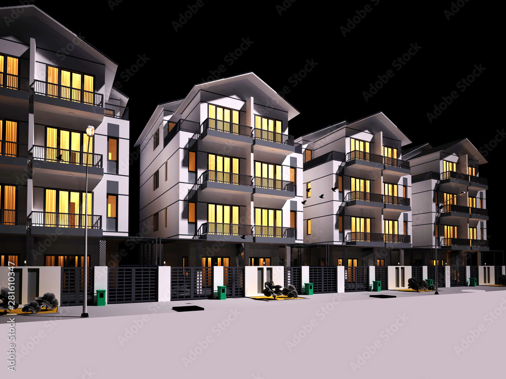 Modern residential complex for young families,3D render, 3D illustration Modern residential complex for young families,3D render, 3D illustration