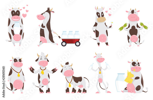Cute happy cow collection cartoon with milk bottle. Cow eating grass, funny farm animal cartoon character. Happy cow set vector illustrarion. A thin cow drinks milk with a bell on his neck.