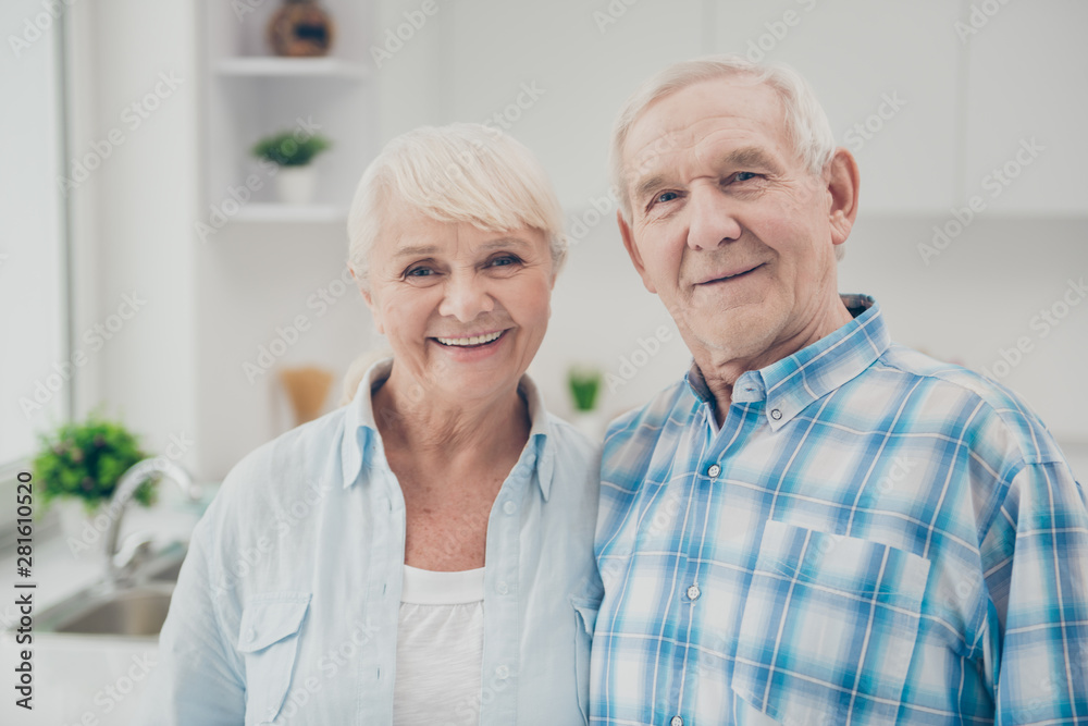 Close up photo of pretty cute pair looking feel positive cheerful content indoors Close up photo of pretty cute pair looking feel positive cheerful content indoors