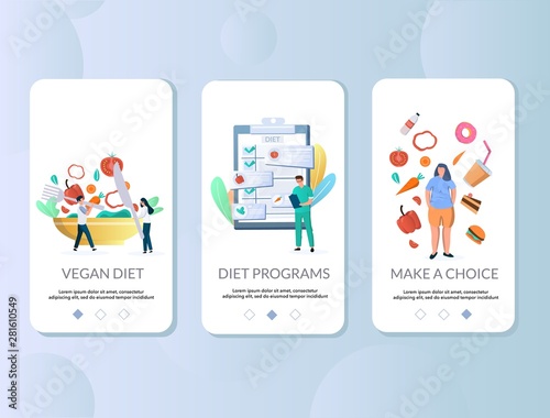 Diet mobile app onboarding screens vector template