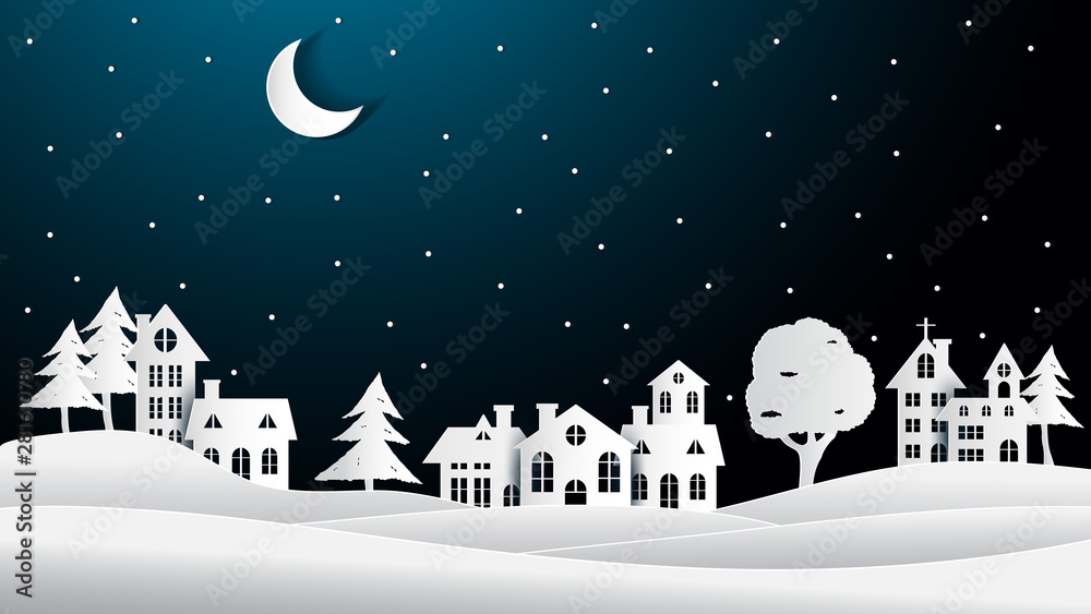 winter night landscape with houses and trees