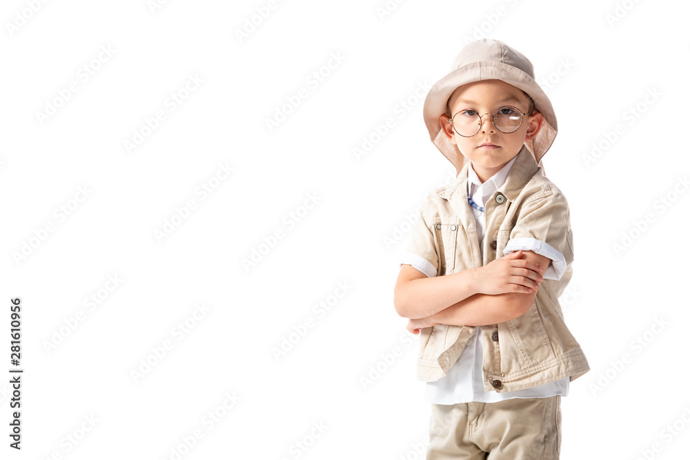 pensive explorer boy in hat and glasses with crossed arms isolated on white pensive explorer boy in hat and glasses with crossed arms isolated on white