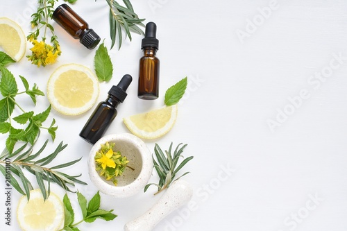Alternative medicine, phytotherapy, natural cosmetic, herbal treatment, flat lay with essential oil and extract in brown bottles, fresh herbs, lemon slices, mortar and pestle, copy space.
