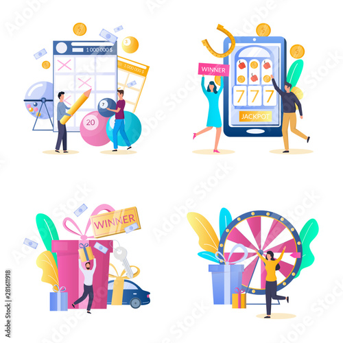 Lottery gambling icon set, vector isolated illustration