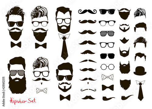 Hand drawn Hipster fashion set. haircuts, mustache, beards, glasses, bowtie and pipe