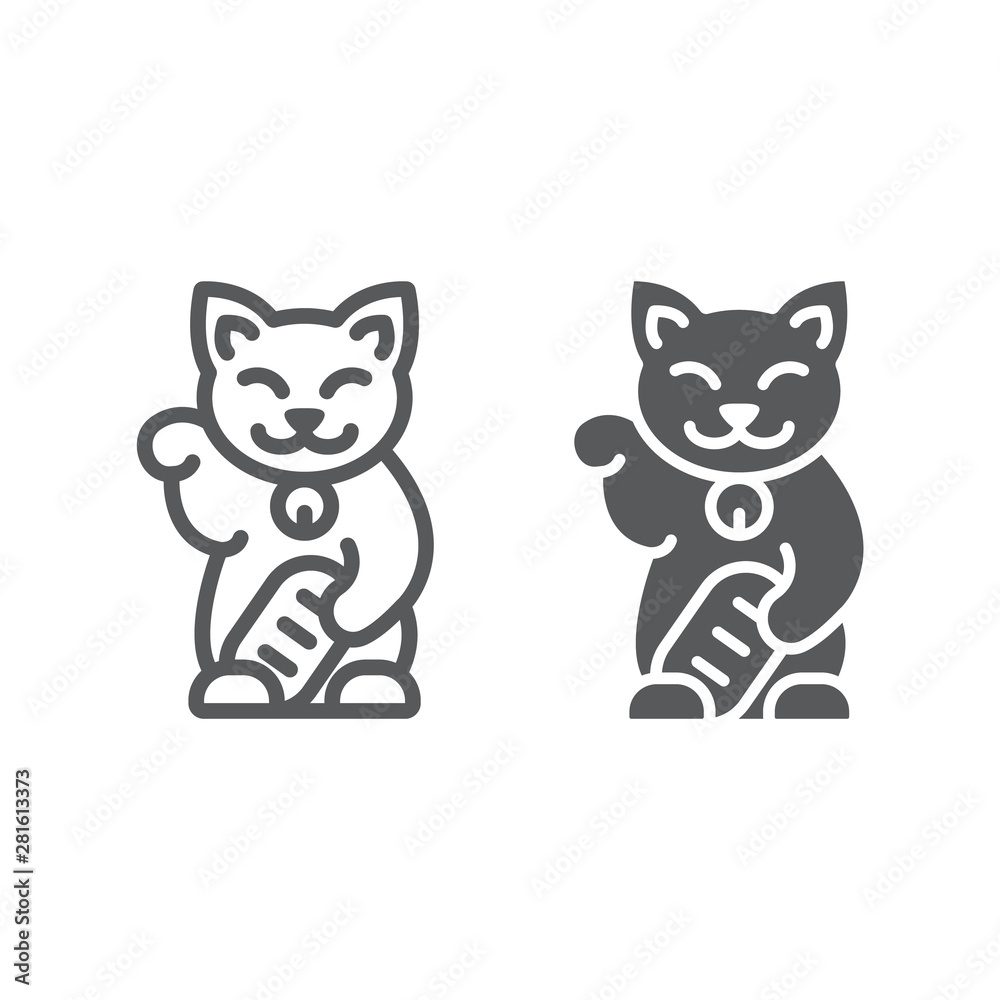 Maneki neko line and glyph icon, asian and animal, japanese cat sign, vector graphics, a linear pattern on a white background.