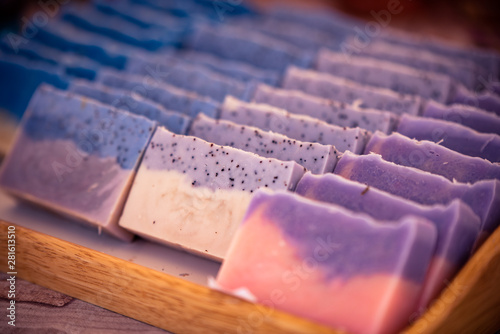 Handmade soaps laying on table desk
