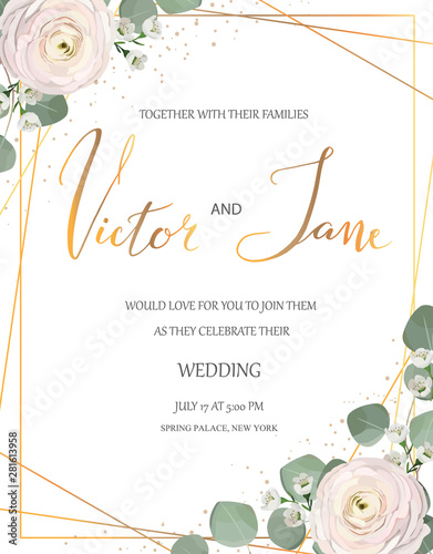 rose, ranunculus, chamelaucium, pink flowers and decorative eucaliptus leaves greeting design card. wedding invitation template, design concept