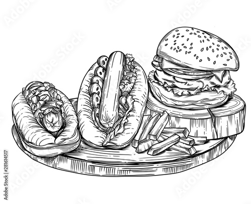 vector illustration hamburger, potato and hotdog 