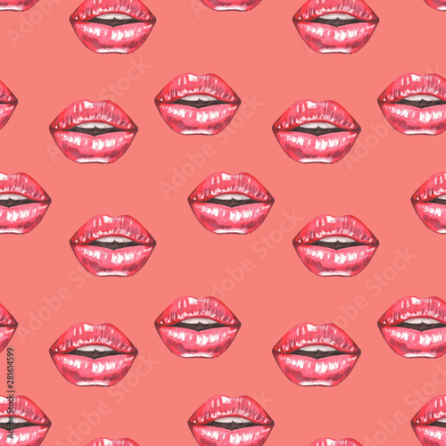 Illustration of watercolor pattern red lips on red background
