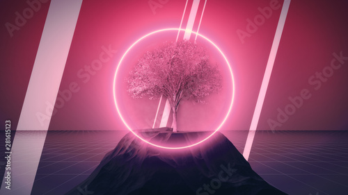 Bild auf Leinwand Synthwave dystopian tree with rocks and neon circle