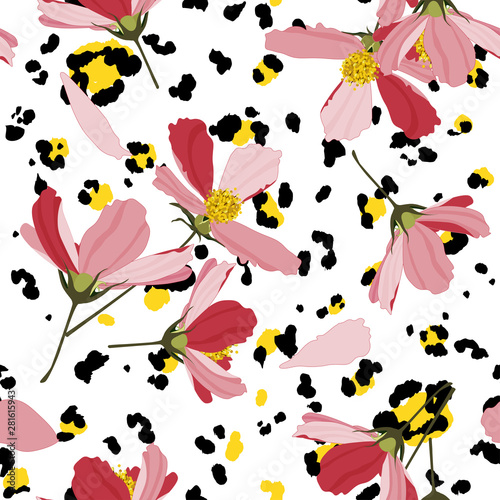Wild safari flower illustration. Vector print. Trendy seamless pattern with colorful leo fur and floral background.