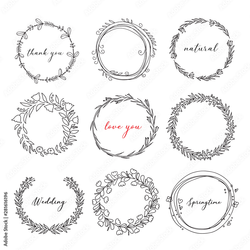 cute hand drawn floral  circle frames and wreaths set, doodle style, vector decorative collection