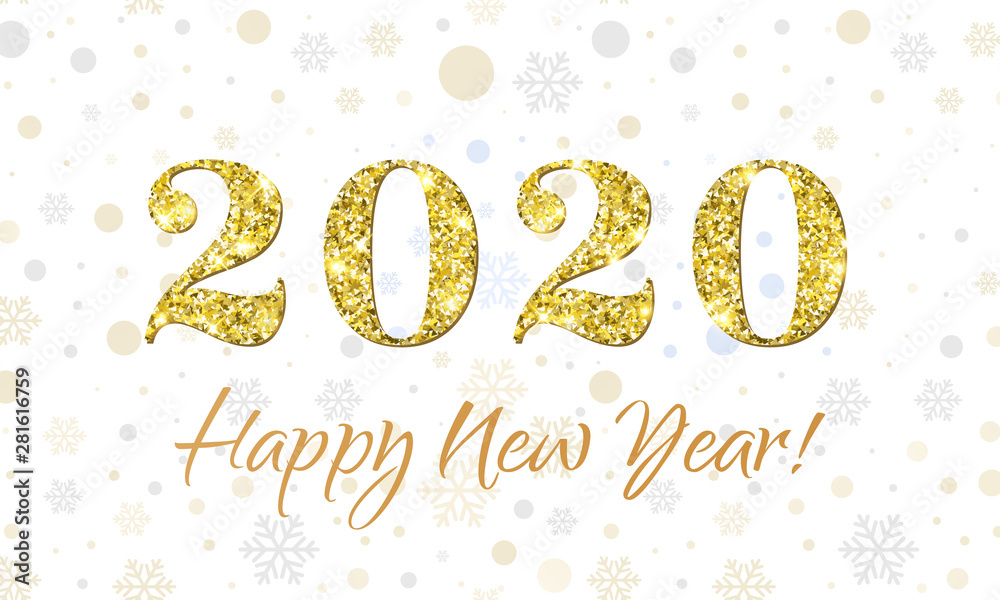 Happy New Year 2020 greeting card of vector glitter gold Christmas confetti on premium white background
