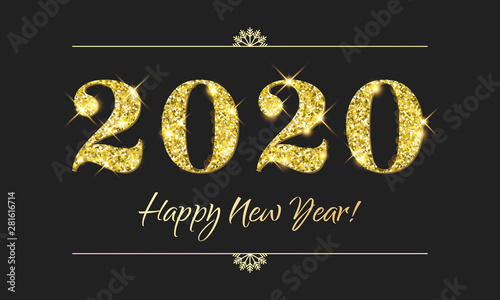 Happy New Year 2020 greeting card of glitter gold Christmas confetti on vector premium black background