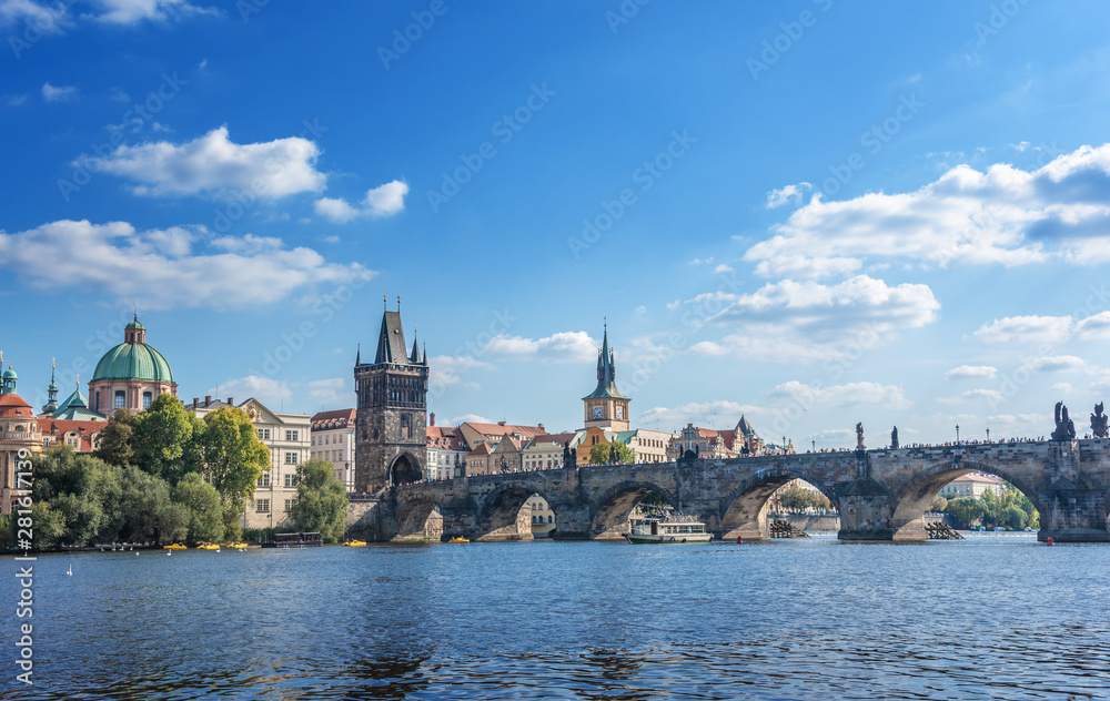 View of the city of Prague and the Vltava River on a sunny day. Prague, Czech Republic.