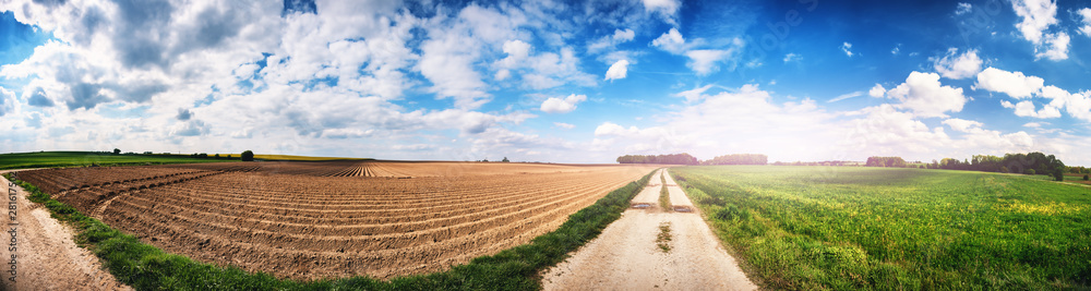 Fototapeta premium Panoramic agricultural landscape with plowed field