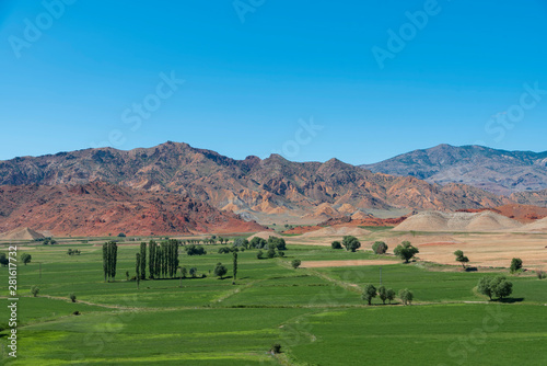 Beautiful panoramic view on the valley with green field trees and mountains.