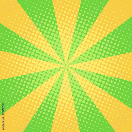 Green and yellow pop art background in vitange comic style with halftone dots, vector illustration template for your design