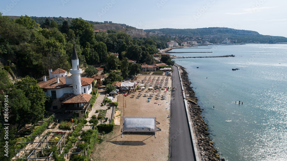 Aerial view of Balchik Castle at Black Sea on a sunny day.
