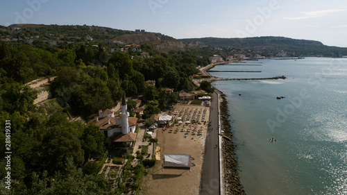 Aerial view of Balchik Castle at Black Sea on a sunny day.