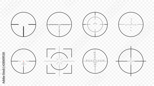 Weapon realistic aim scopes collection. Aiming scope crosshair on transparent background. Militari realistic weapon optical sights. 